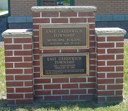 East Greenwich Township Municipal Building sign from dedication of former building on May 29, 1976 has been moved to the new Municipal Building