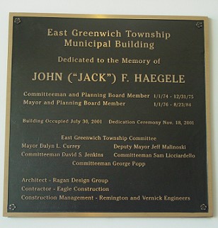 Plaque dedicating the East Greenwich Municipal Building to John Haegele