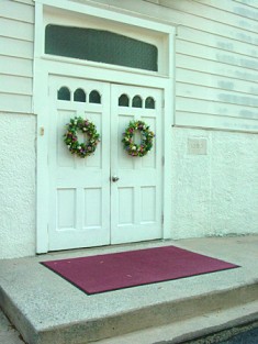 Decorated doorway at Zion United Methodist Church (on right side of building)