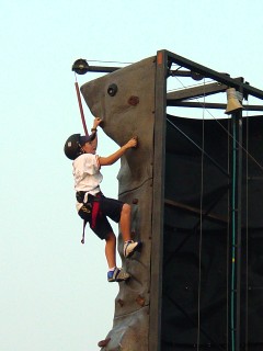 A daring climber on the rock wall.